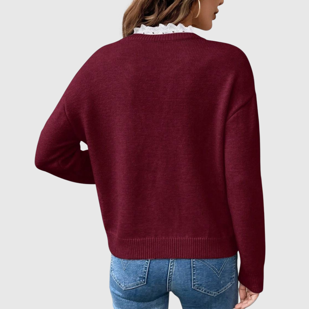 Zaryphine Women's Elegant Lace Detail Long Sleeve Casual Blouse Top