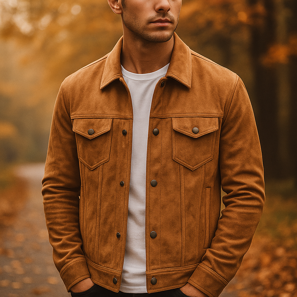 Luxurious Savrin Suede-Textured Jacket: Stylish Button-Front Outerwear for Men