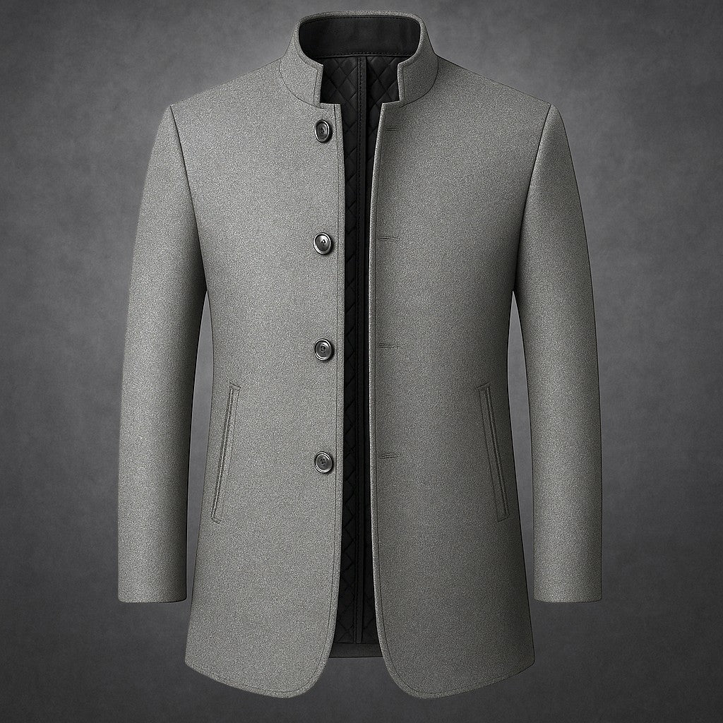 Luxurious Quilted Wool Blend Men's Coat with Stand Collar and Sleek Pockets