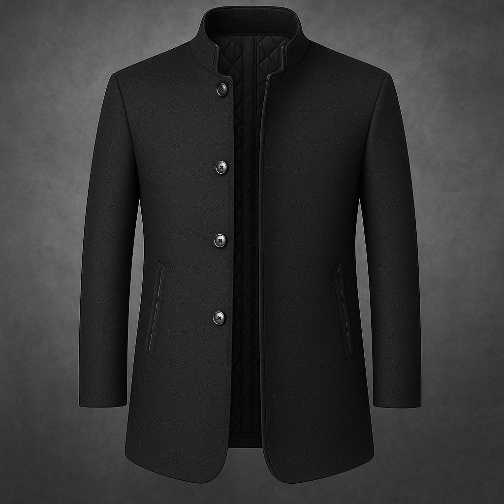 Luxurious Quilted Wool Blend Men's Coat with Stand Collar and Sleek Pockets