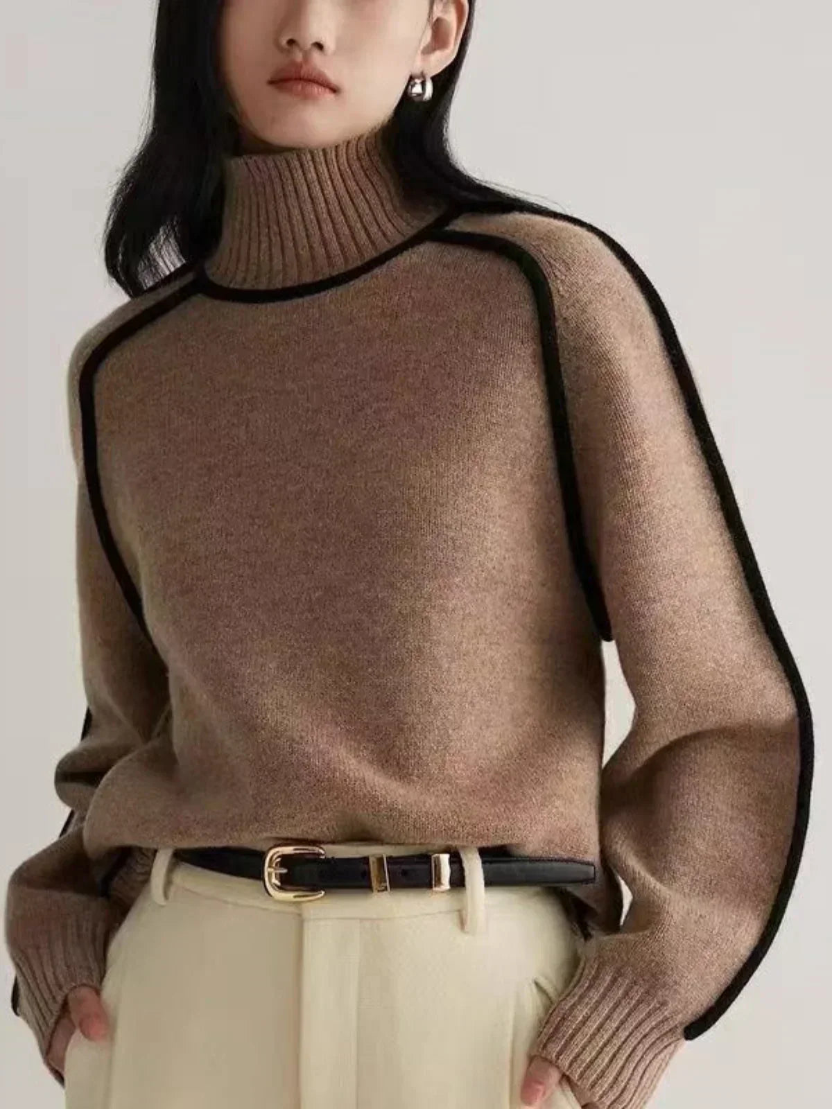 Luxe Wool-Blend Elegant Turtleneck Sweater with Contrast Piping for Women