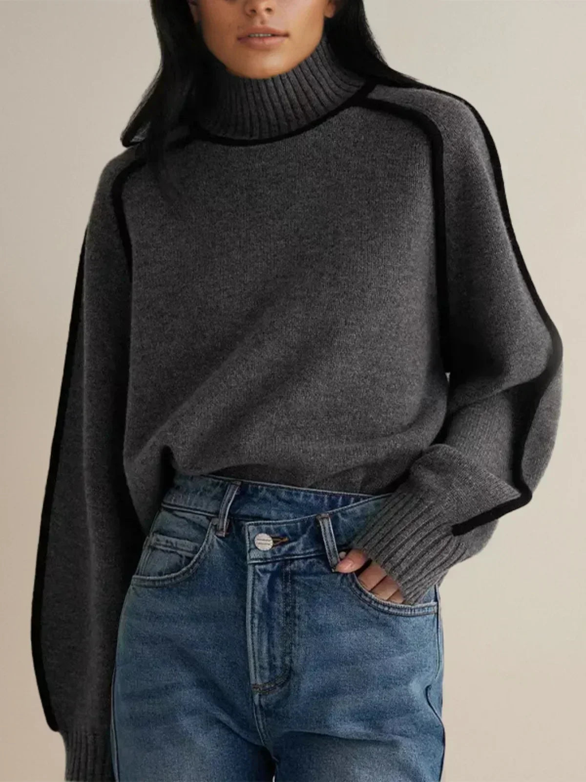Luxe Wool-Blend Elegant Turtleneck Sweater with Contrast Piping for Women