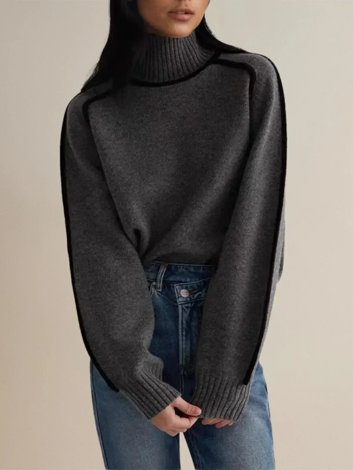 Luxe Wool-Blend Elegant Turtleneck Sweater with Contrast Piping for Women