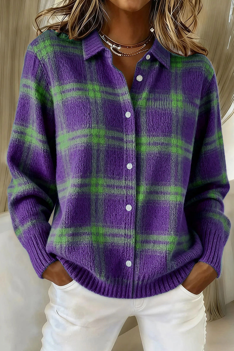 Stylish Women's Plaid Print Buttoned Cardigan Sweater - Soft Cotton Comfort