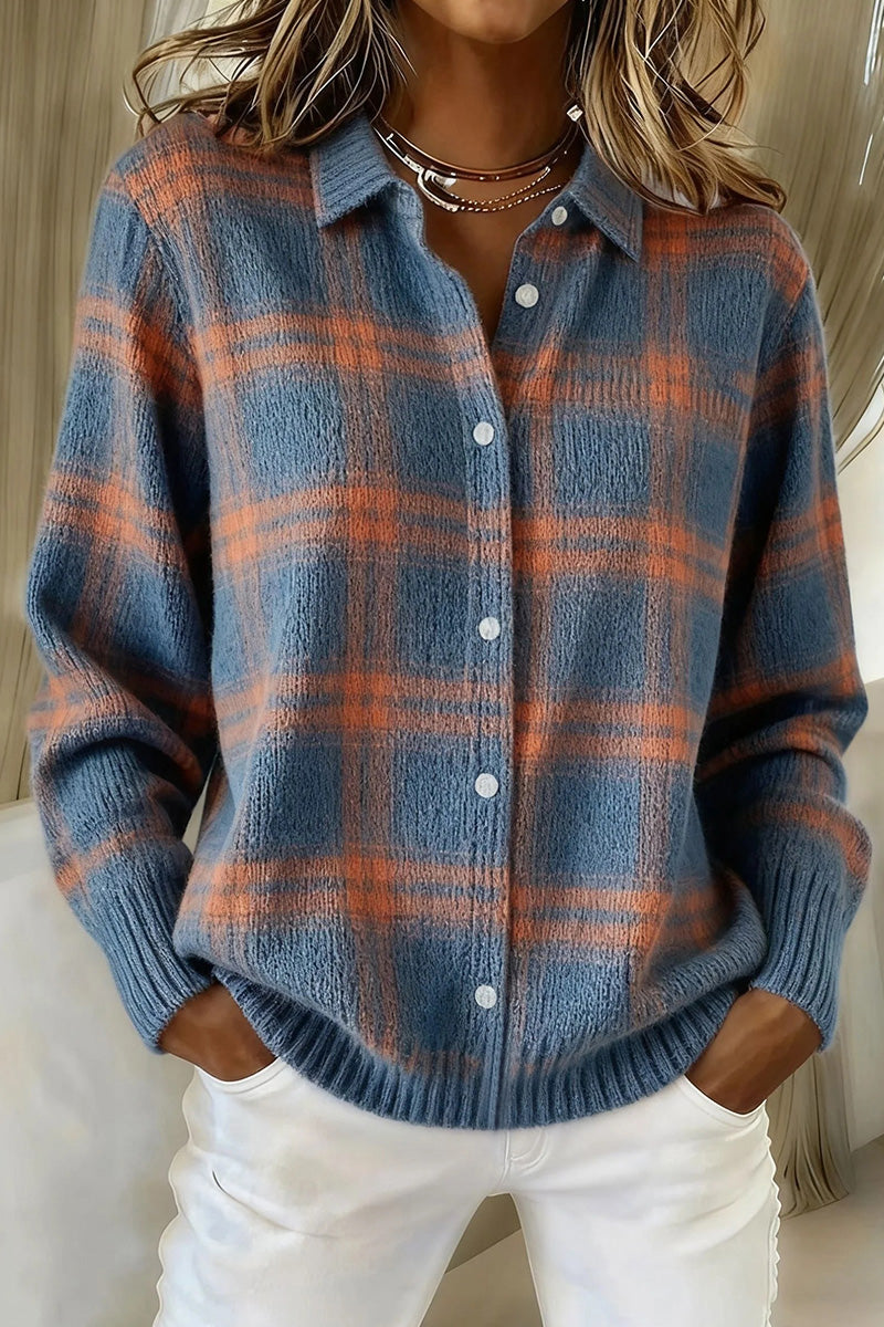 Stylish Women's Plaid Print Buttoned Cardigan Sweater - Soft Cotton Comfort