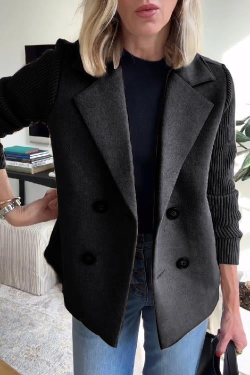 Amavira Elegant Knit-Sleeve Blazer: Warm Wool Blend, Military Style, Versatile Long Coat