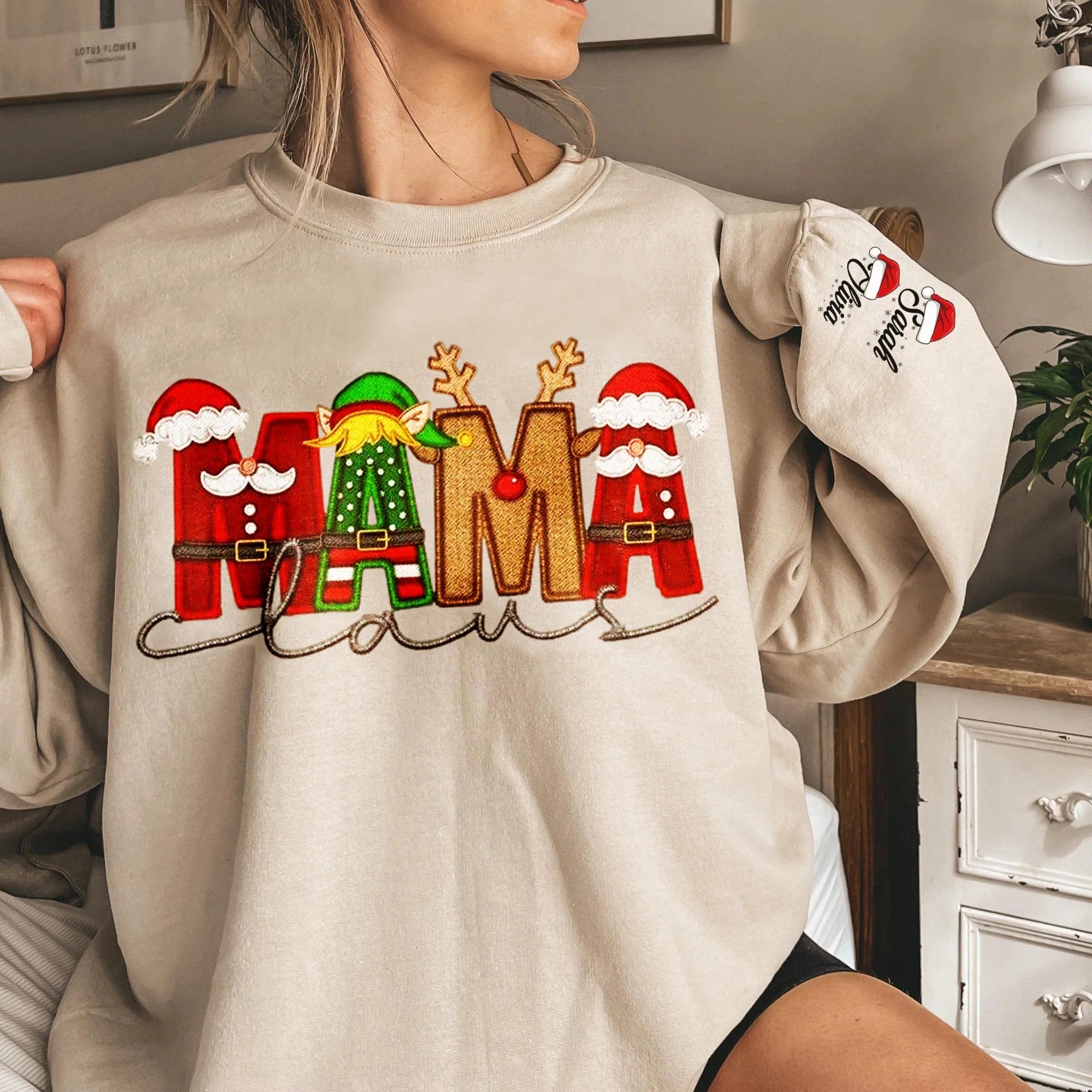 Custom Family Christmas Claus Personalized Sweatshirt with Name on Sleeve