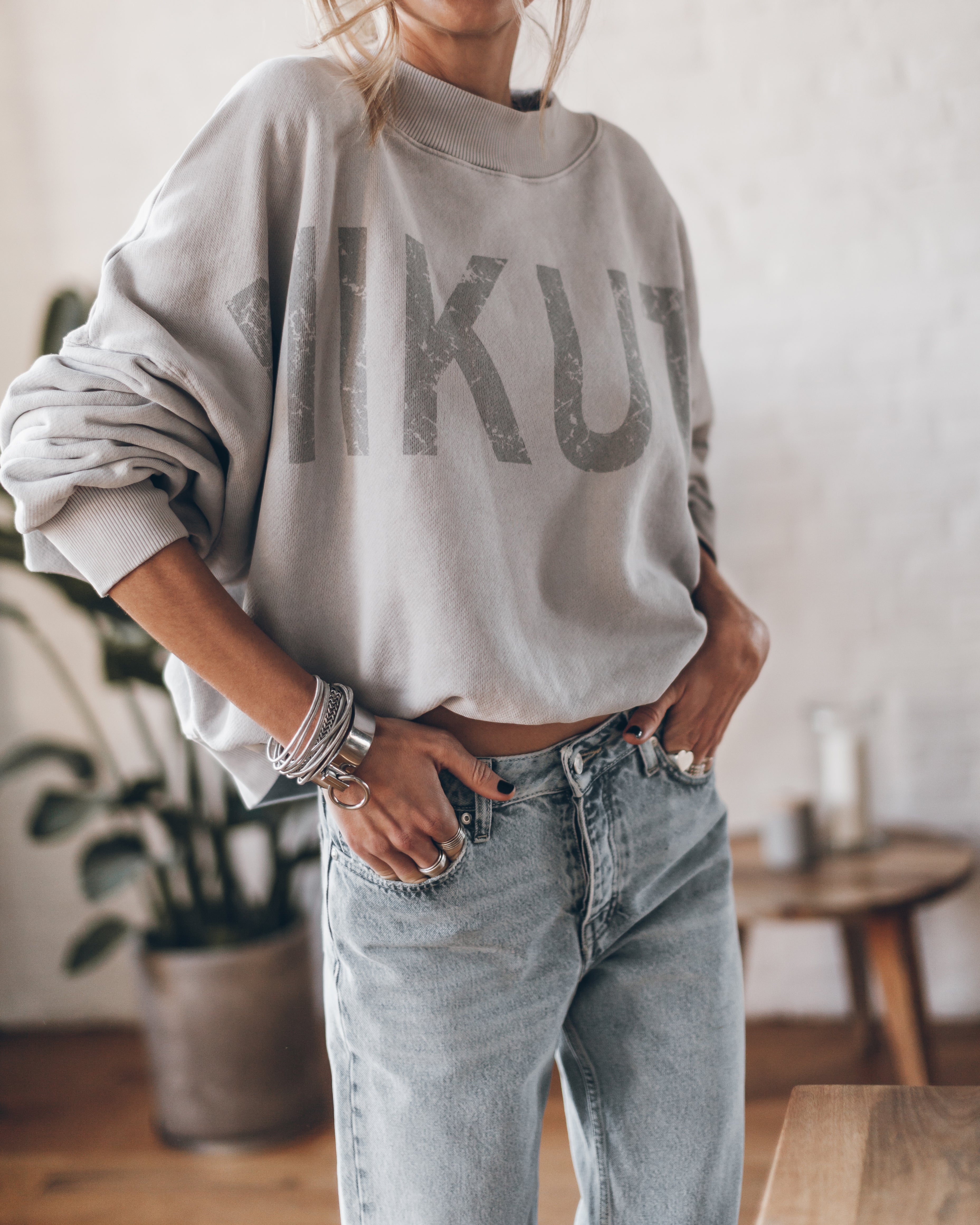 Cozy Oversized Cotton Mikuta Sweater - Light Grey Faded Print Comfort