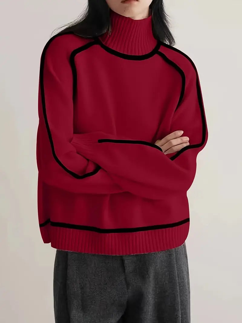 Luxe Wool-Blend Elegant Turtleneck Sweater with Contrast Piping for Women