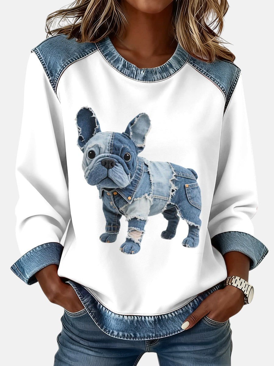 Alma - Women's Sweatshirt with Denim Patchwork in French Bulldog Style
