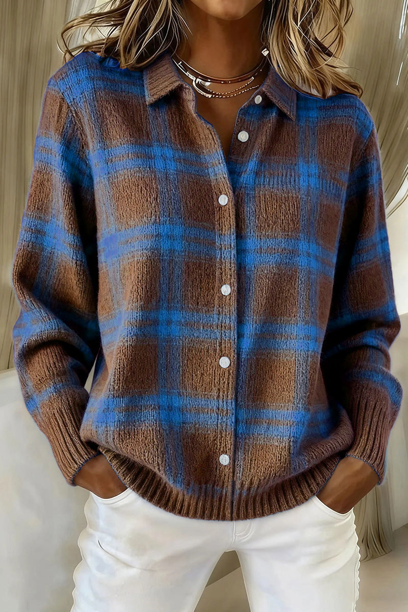Stylish Women's Plaid Print Buttoned Cardigan Sweater - Soft Cotton Comfort