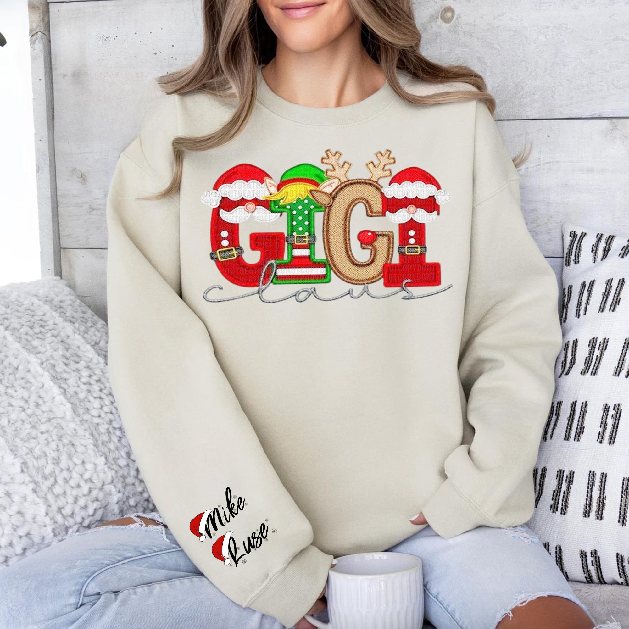 Custom Family Christmas Claus Personalized Sweatshirt with Name on Sleeve