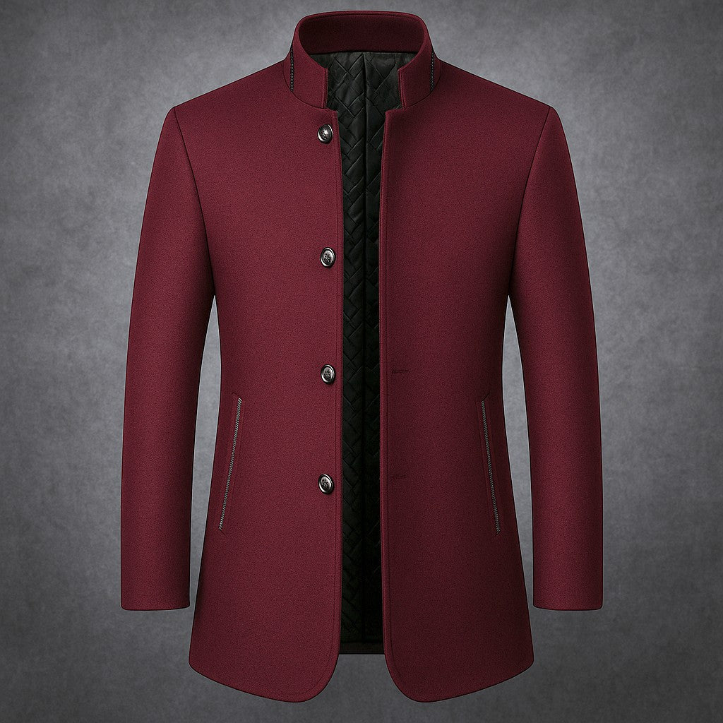 Luxurious Quilted Wool Blend Men's Coat with Stand Collar and Sleek Pockets