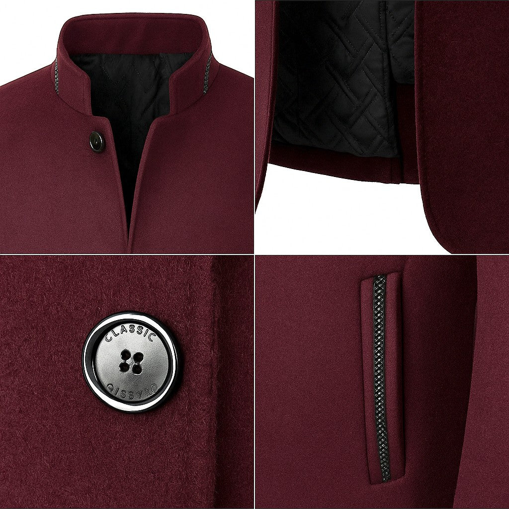 Luxurious Quilted Wool Blend Men's Coat with Stand Collar and Sleek Pockets