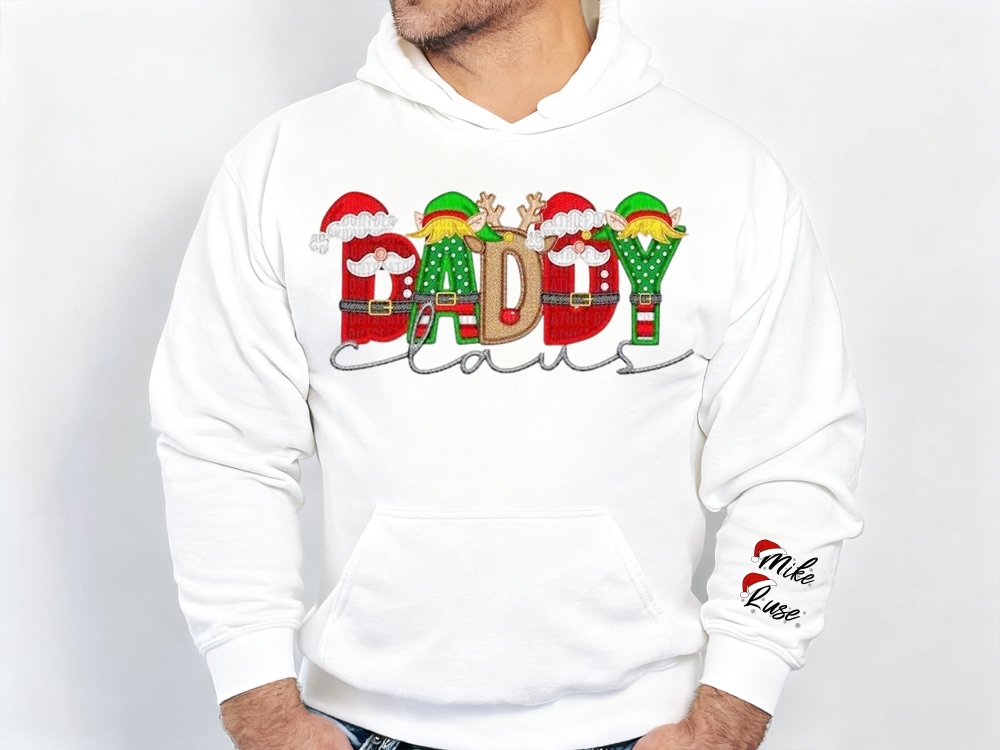 Custom Family Christmas Claus Personalized Sweatshirt with Name on Sleeve