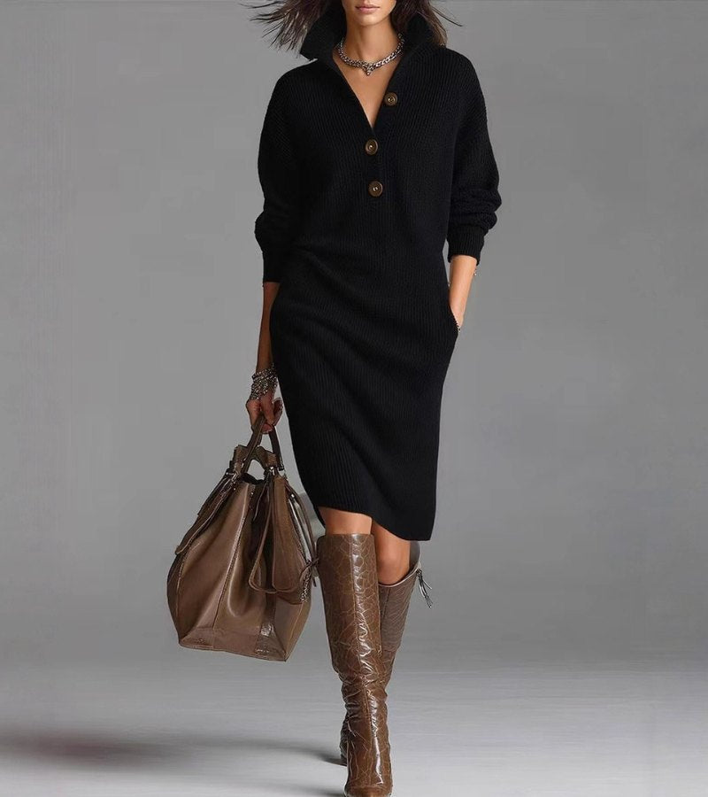 Elegant Knit Winter Dress with Buttons - Warm Long Sleeve Midi for Women