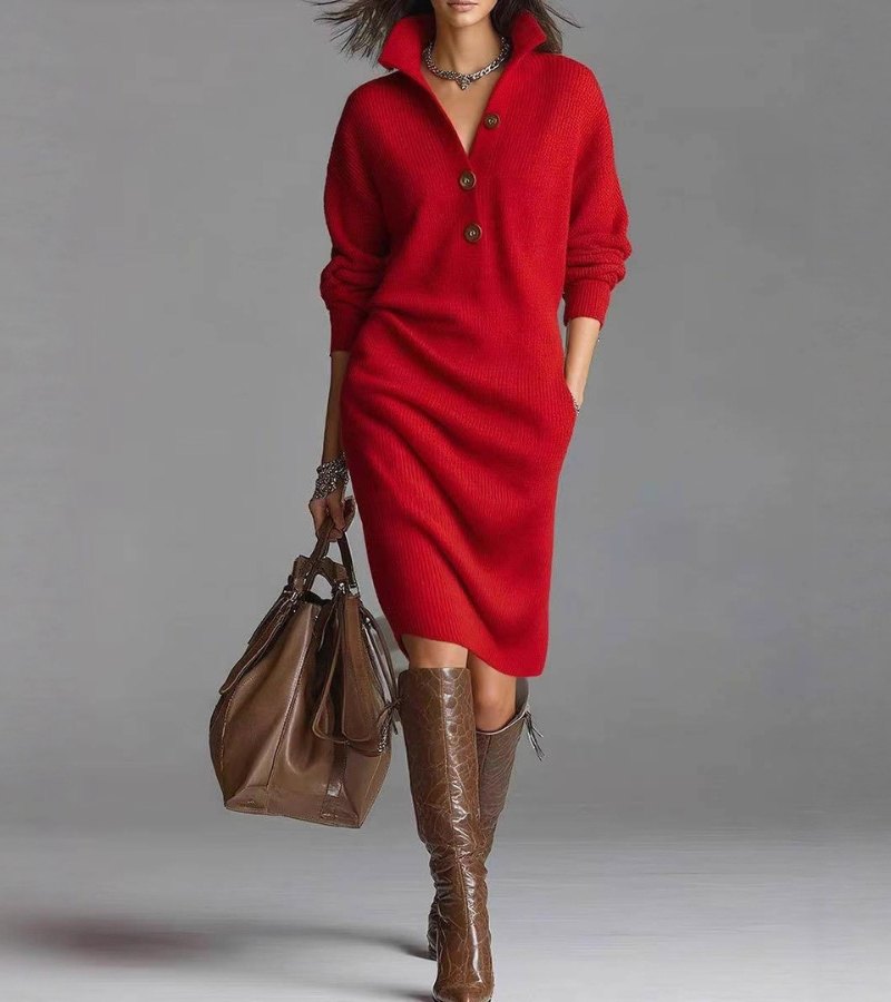 Elegant Knit Winter Dress with Buttons - Warm Long Sleeve Midi for Women