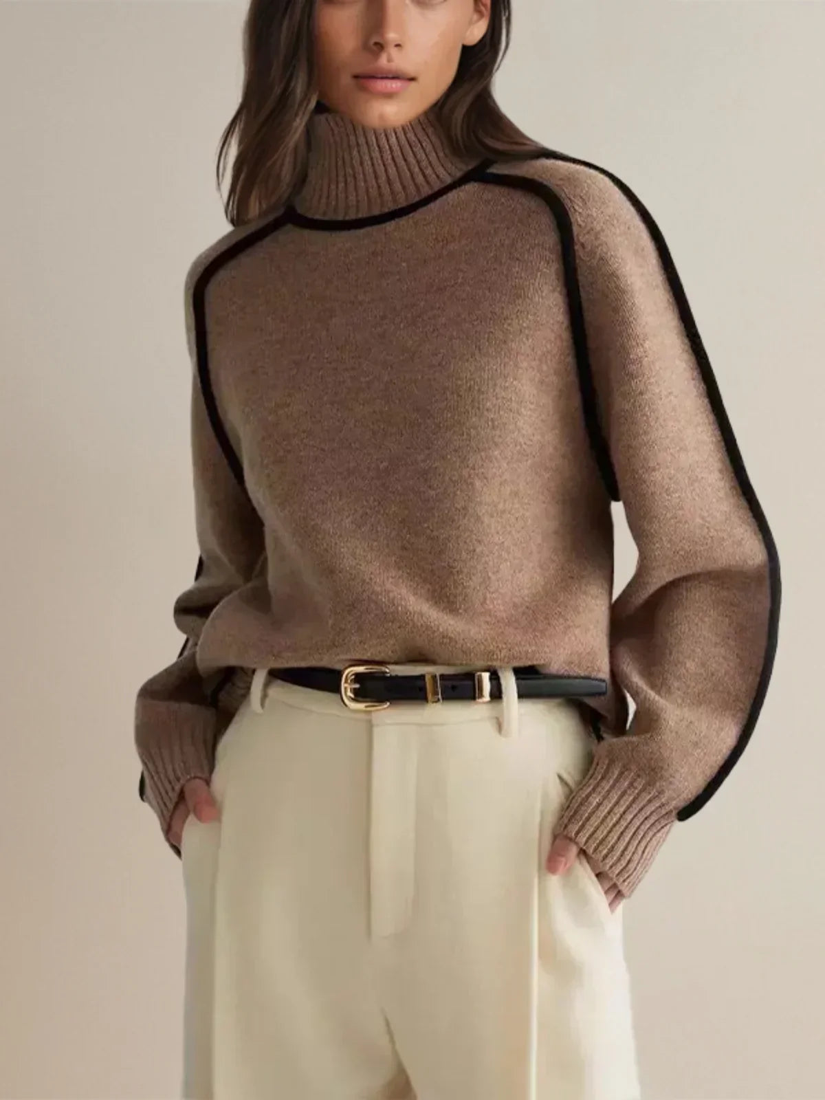 Luxe Wool-Blend Elegant Turtleneck Sweater with Contrast Piping for Women