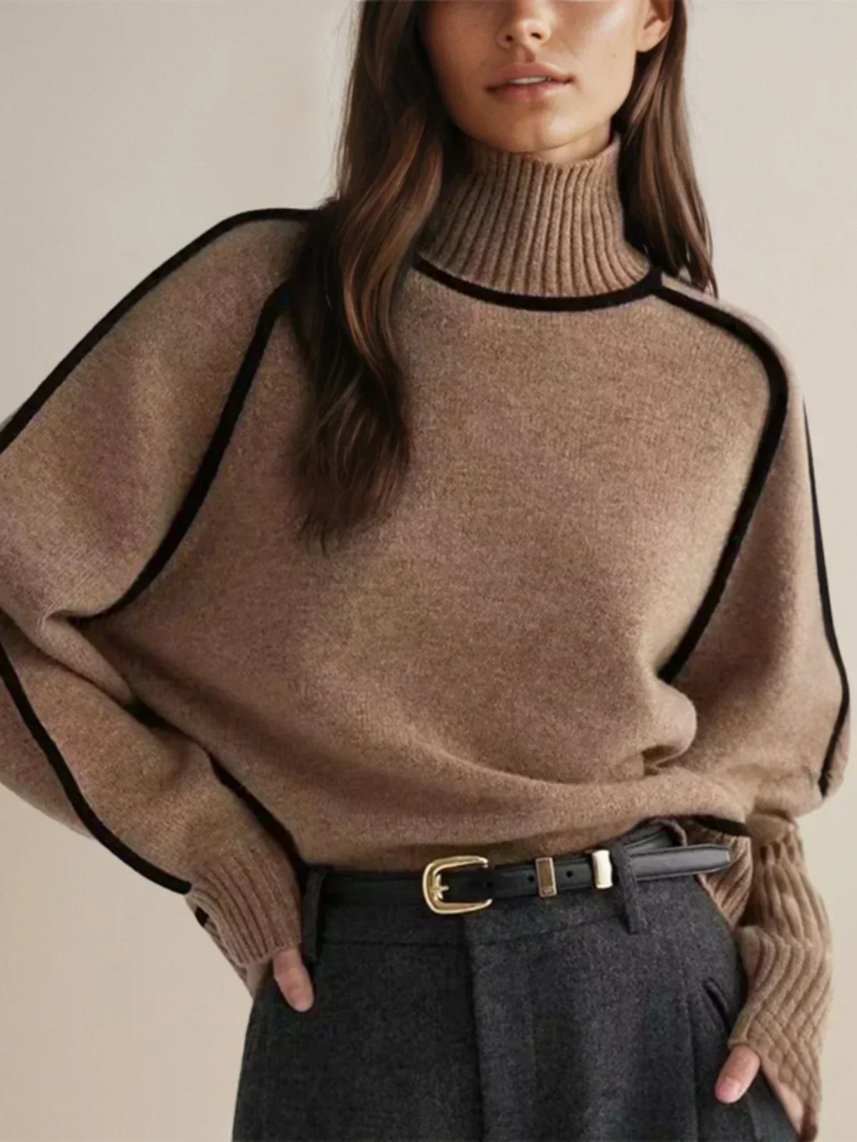 Luxe Wool-Blend Elegant Turtleneck Sweater with Contrast Piping for Women