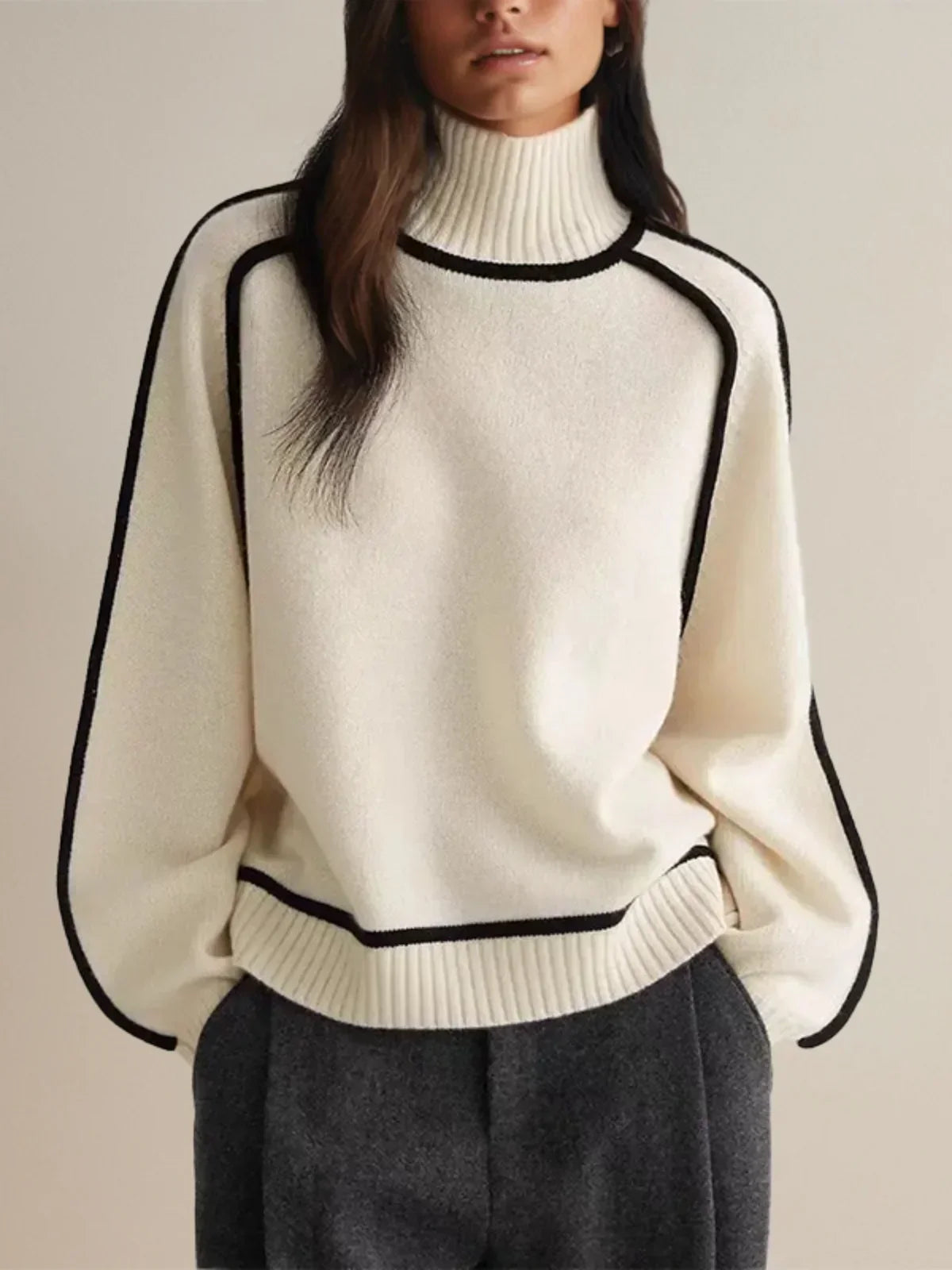 Luxe Wool-Blend Elegant Turtleneck Sweater with Contrast Piping for Women