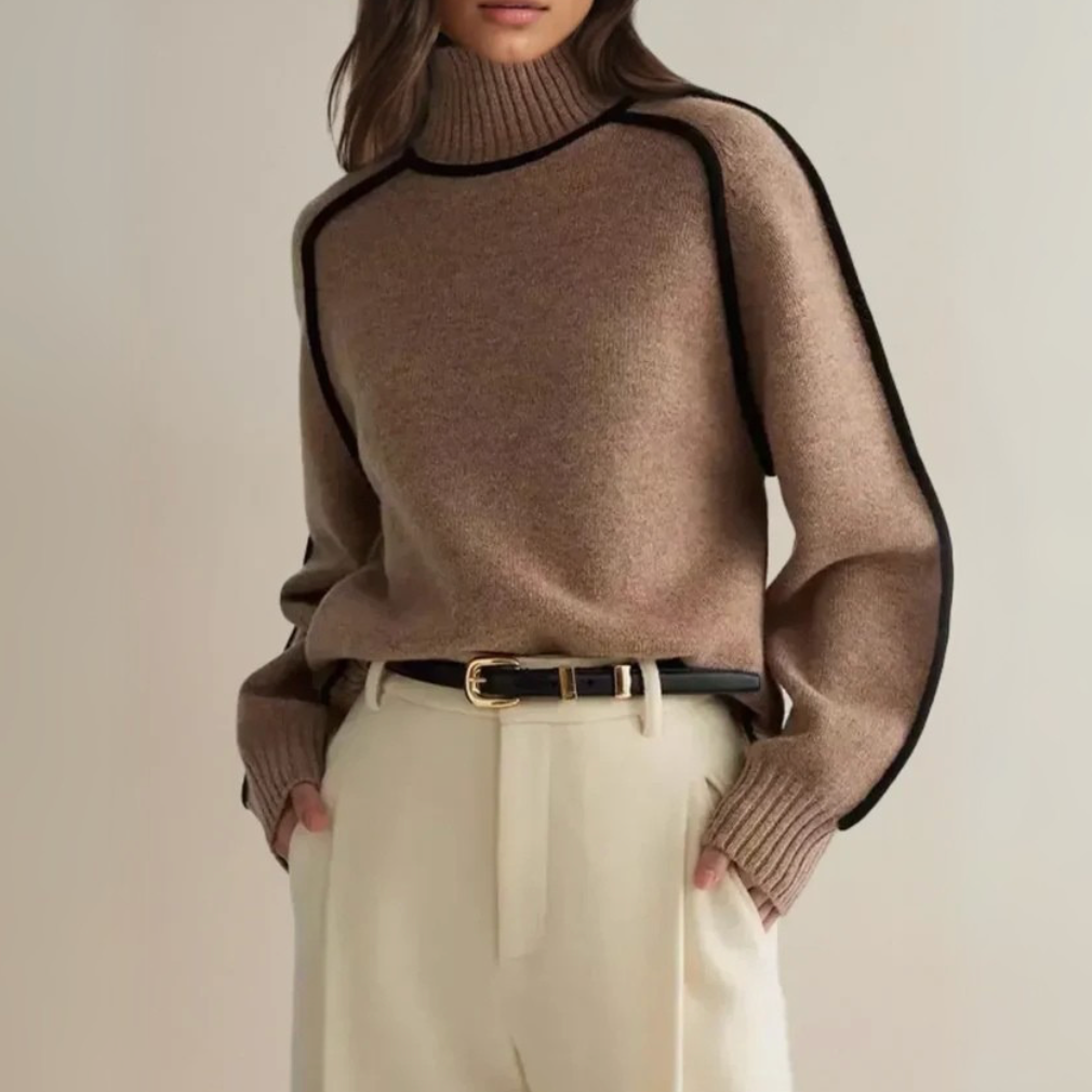 Luxe Wool-Blend Elegant Turtleneck Sweater with Contrast Piping for Women