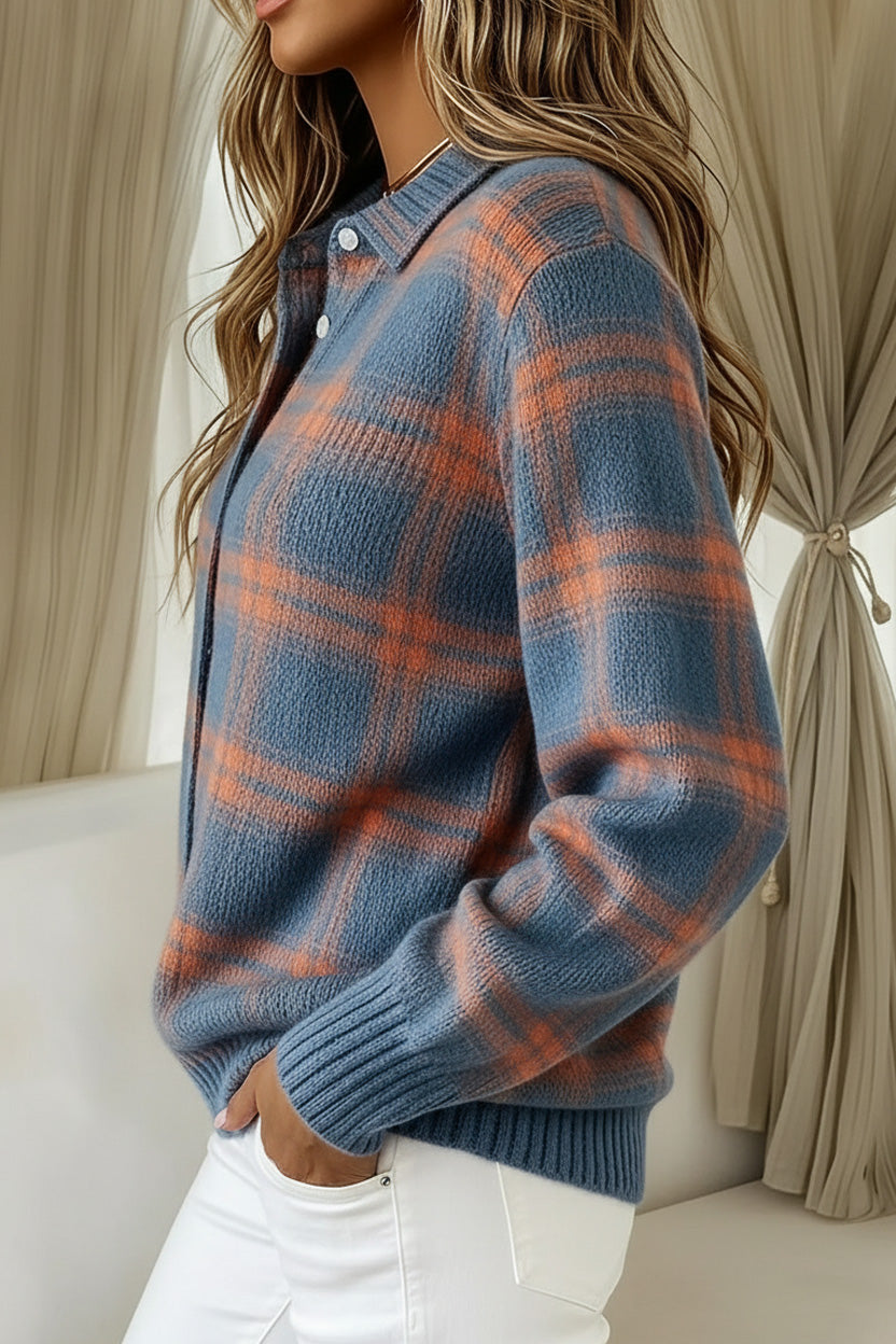 Stylish Women's Plaid Print Buttoned Cardigan Sweater - Soft Cotton Comfort