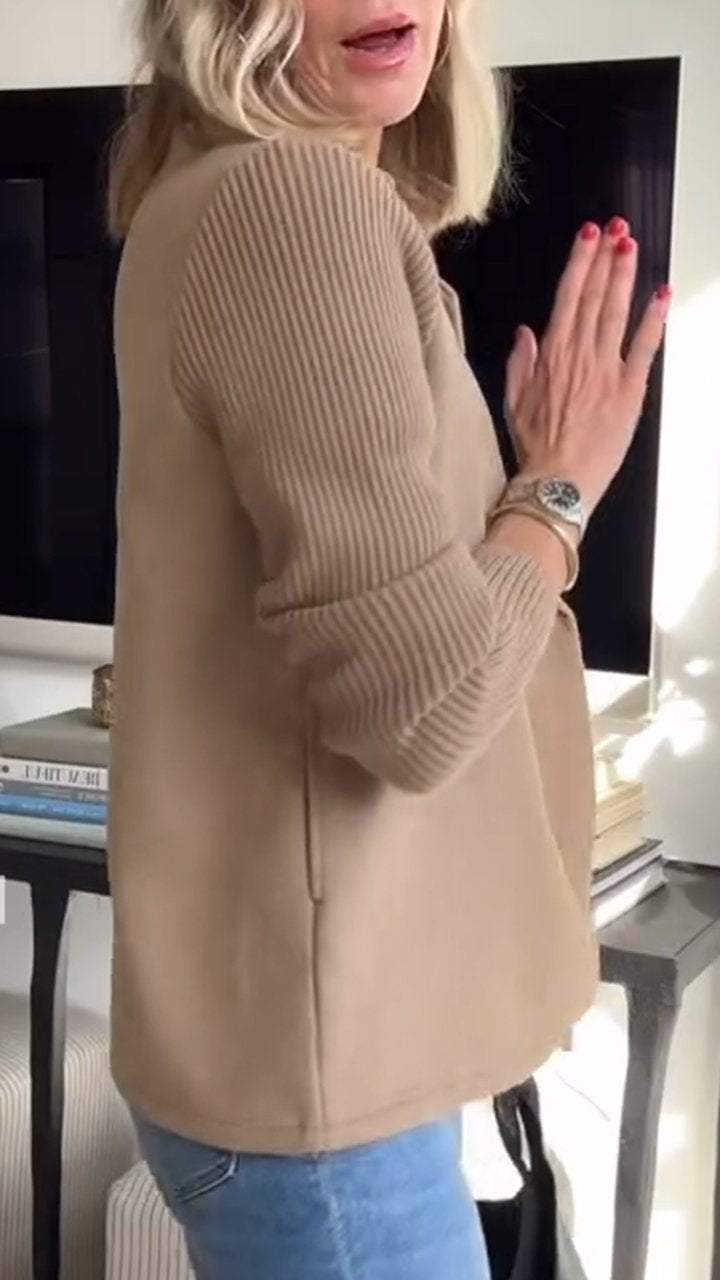 Amavira Elegant Knit-Sleeve Blazer: Warm Wool Blend, Military Style, Versatile Long Coat