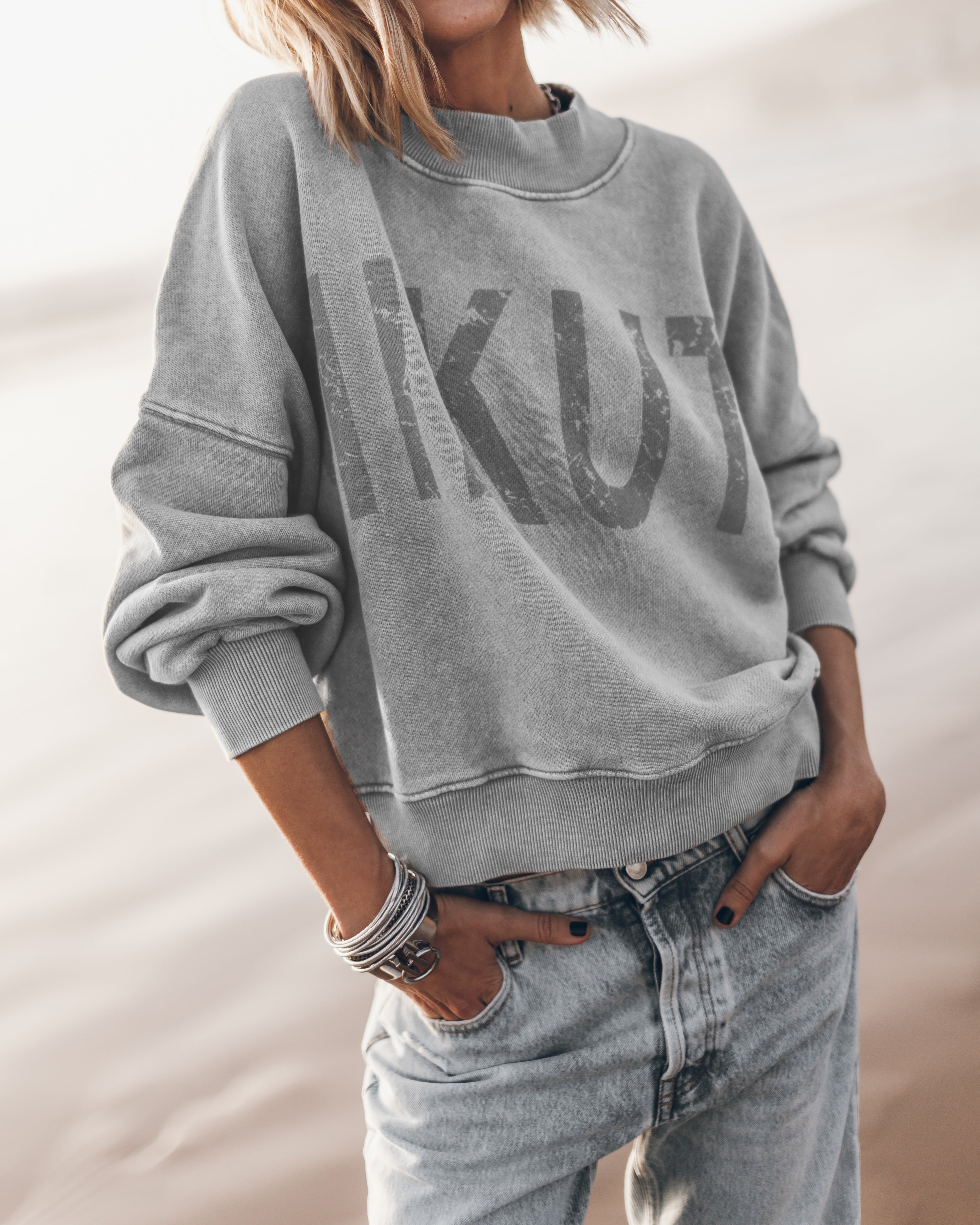 Cozy Oversized Cotton Mikuta Sweater - Light Grey Faded Print Comfort