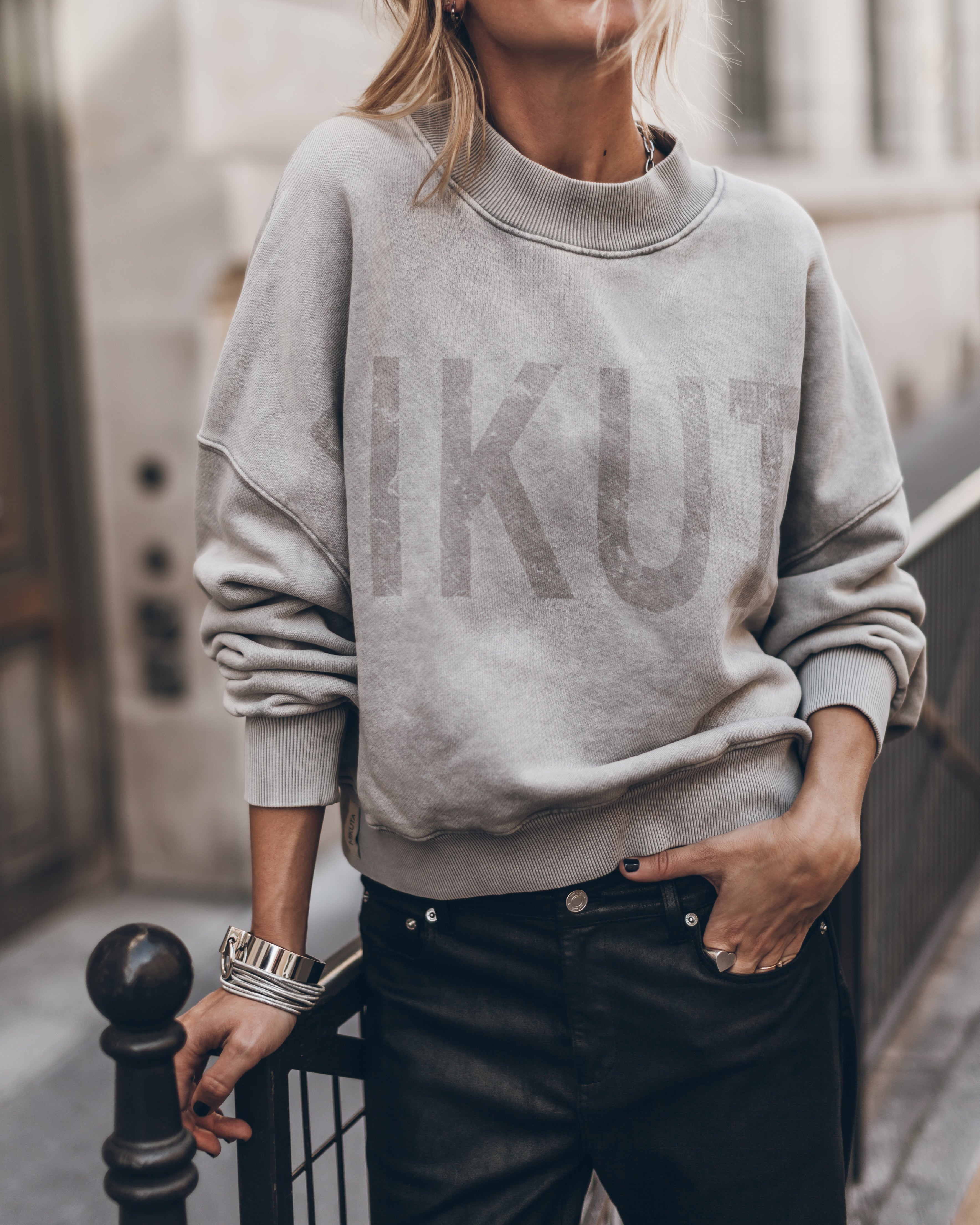 Cozy Oversized Cotton Mikuta Sweater - Light Grey Faded Print Comfort