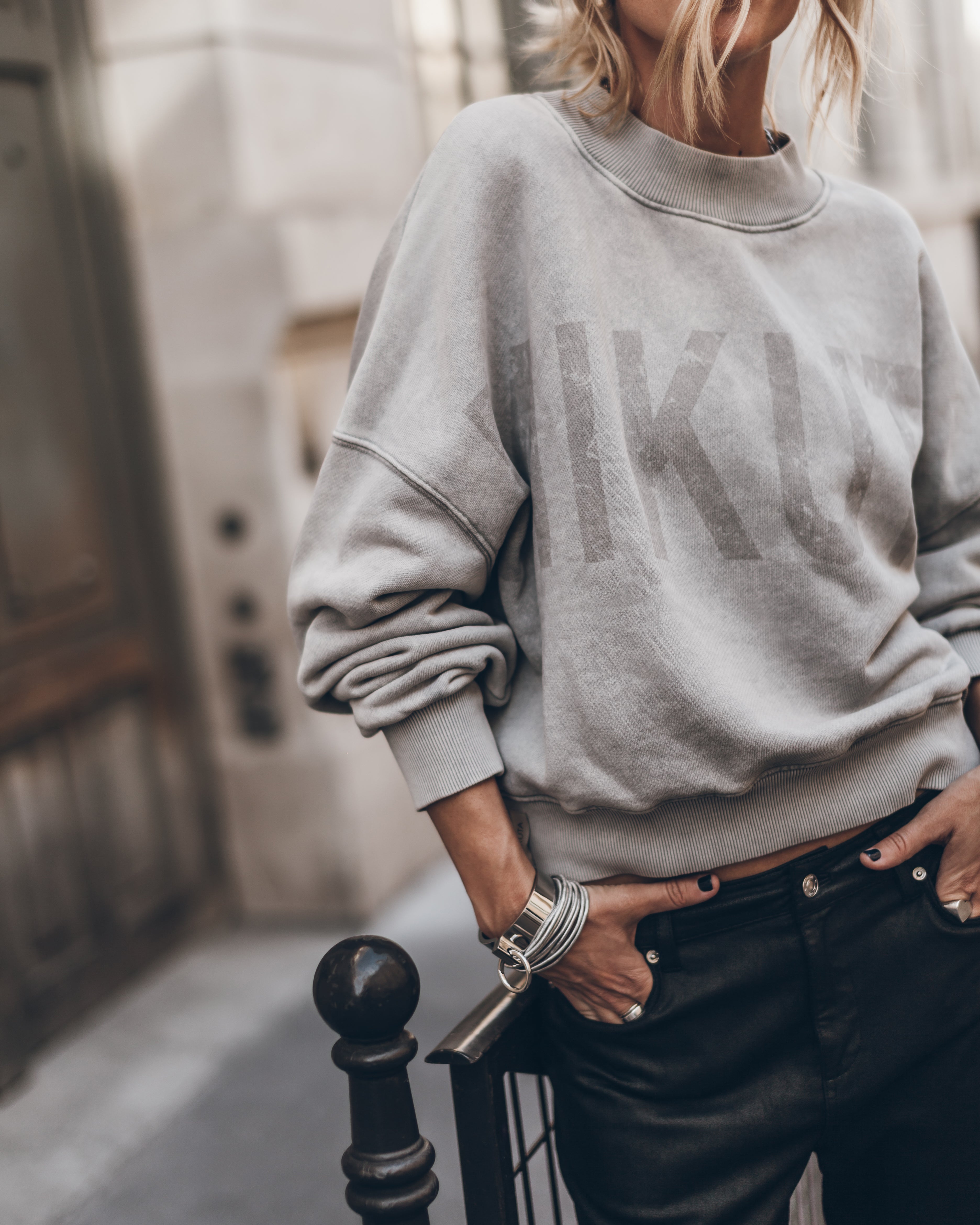 Cozy Oversized Cotton Mikuta Sweater - Light Grey Faded Print Comfort